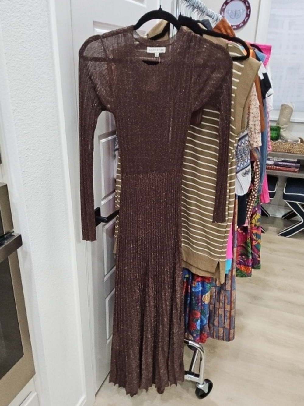 Moon River Brown Sparkle Long Sleeve Knit Dress